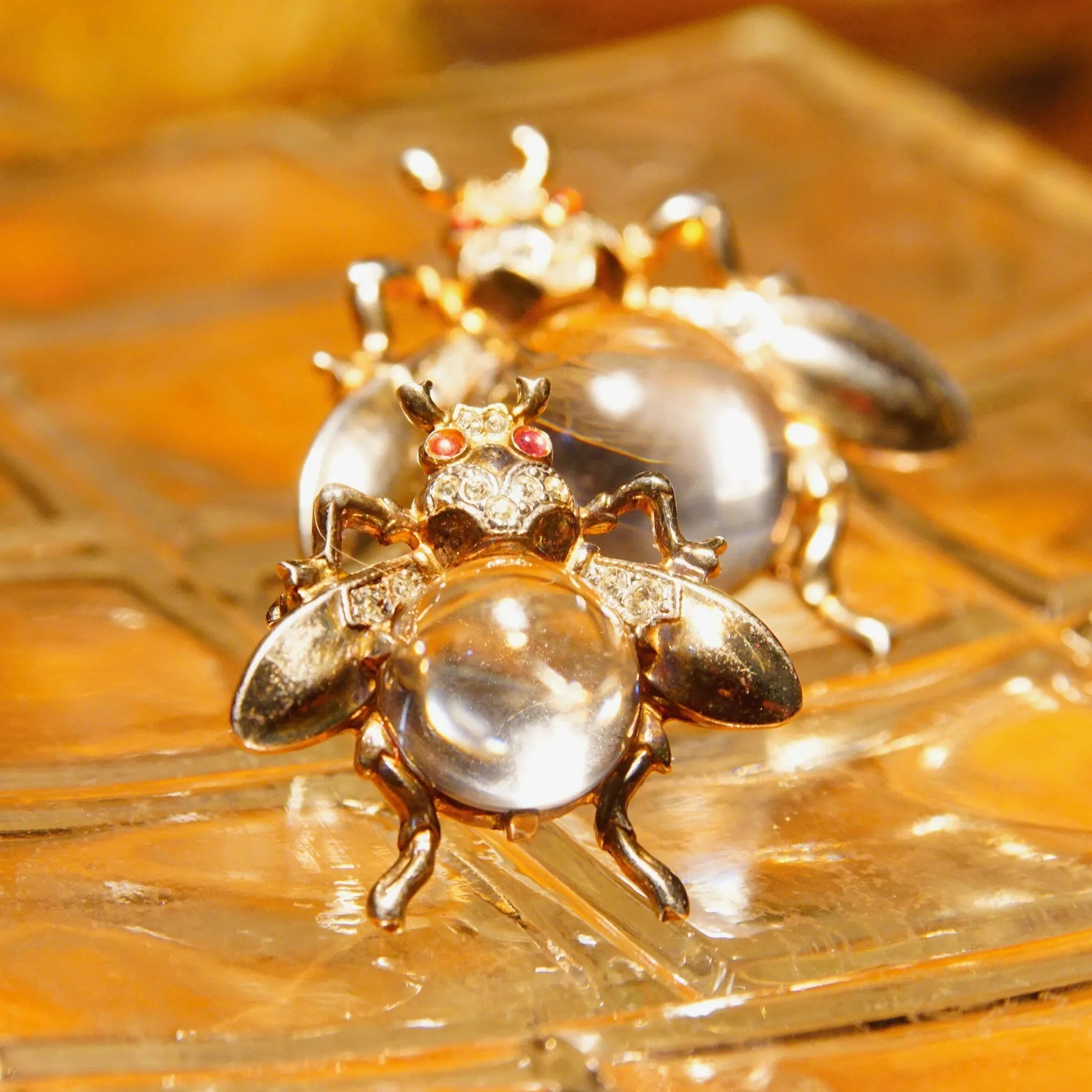 Vintage Crown Trifari Sterling Jelly Belly Fly Brooches (2), Alfred Philippe Design, Lucite Cabochon, Gilt Silver, Clear & Red Rhinestones