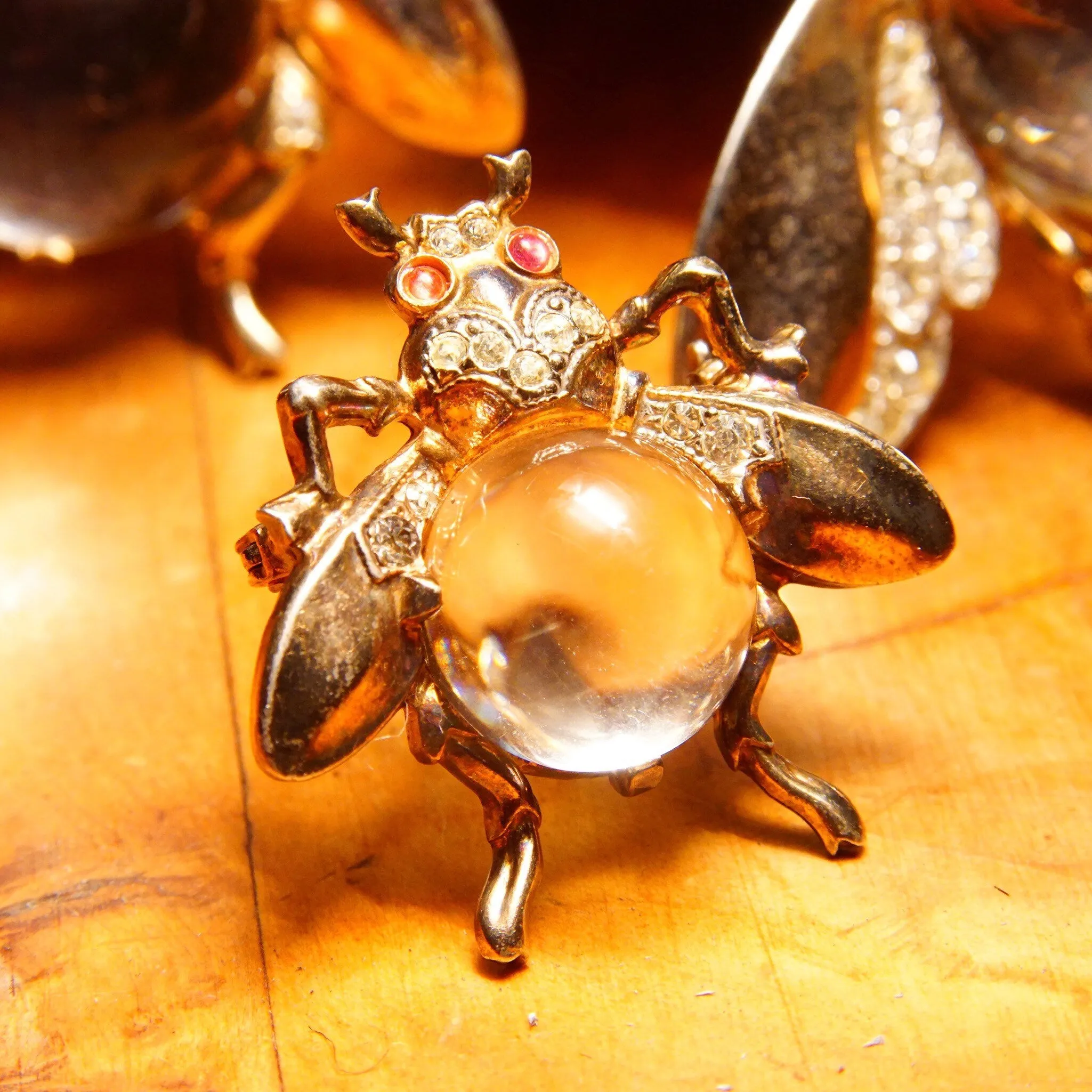 Vintage Crown Trifari Sterling Jelly Belly Fly Brooches (2), Alfred Philippe Design, Lucite Cabochon, Gilt Silver, Clear & Red Rhinestones