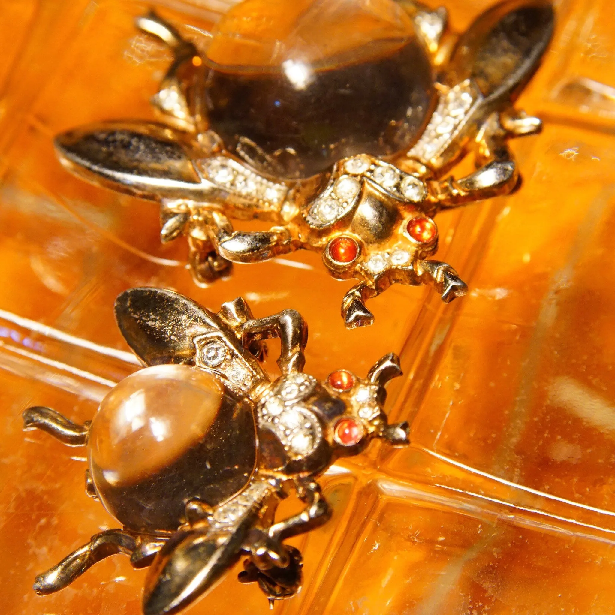 Vintage Crown Trifari Sterling Jelly Belly Fly Brooches (2), Alfred Philippe Design, Lucite Cabochon, Gilt Silver, Clear & Red Rhinestones