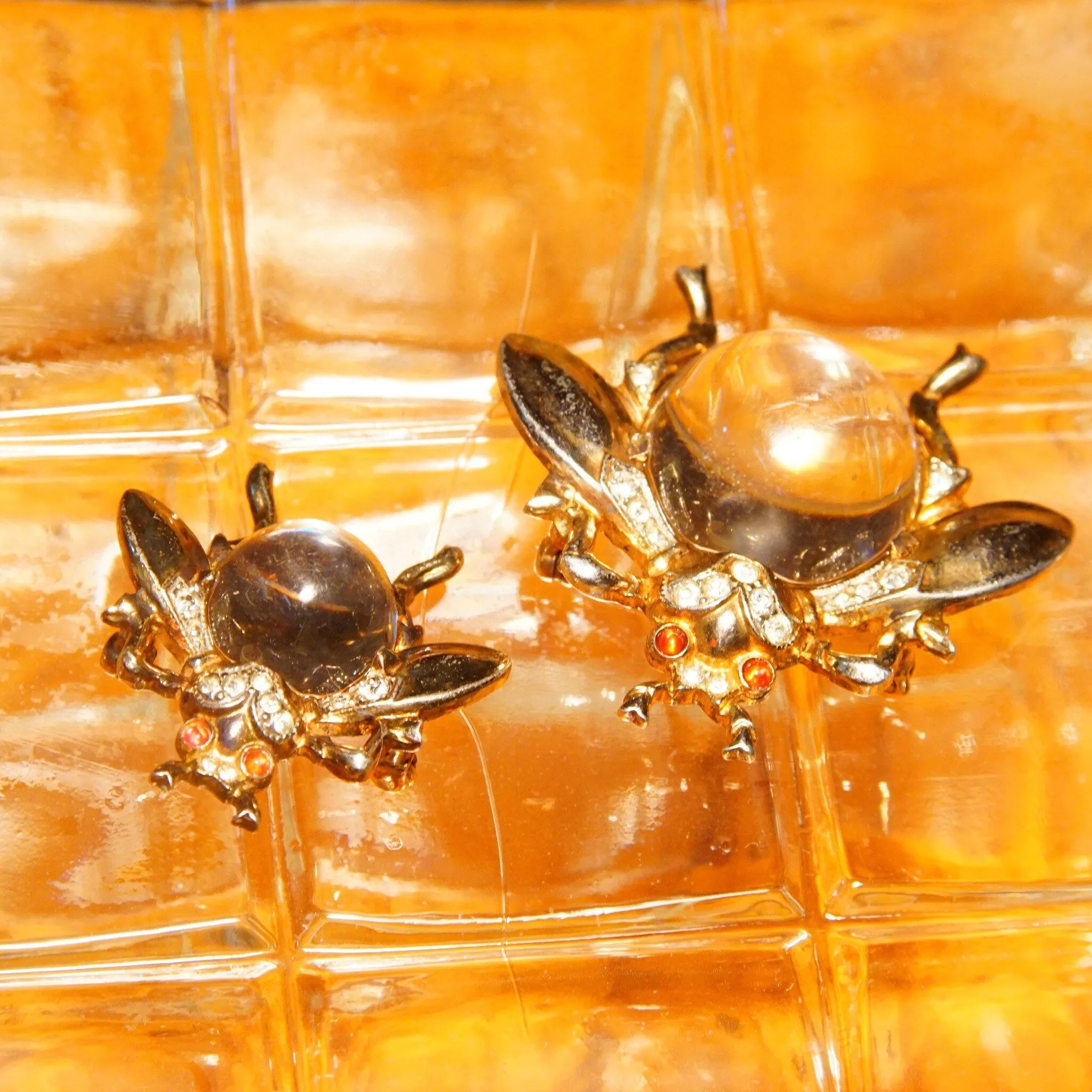 Vintage Crown Trifari Sterling Jelly Belly Fly Brooches (2), Alfred Philippe Design, Lucite Cabochon, Gilt Silver, Clear & Red Rhinestones