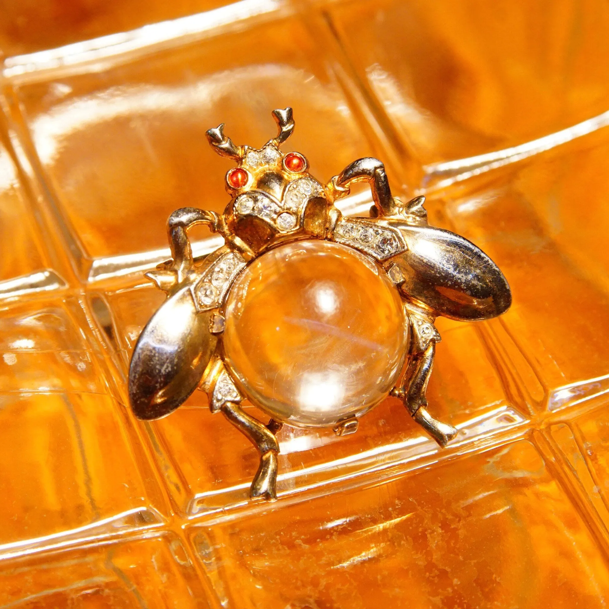 Vintage Crown Trifari Sterling Jelly Belly Fly Brooches (2), Alfred Philippe Design, Lucite Cabochon, Gilt Silver, Clear & Red Rhinestones