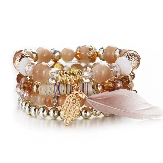 Vintage Crystal Bead Bracelets with Natural Stone Charms