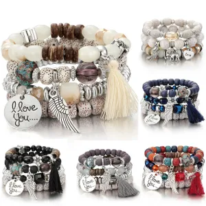 Vintage Crystal Bead Bracelets with Natural Stone Charms