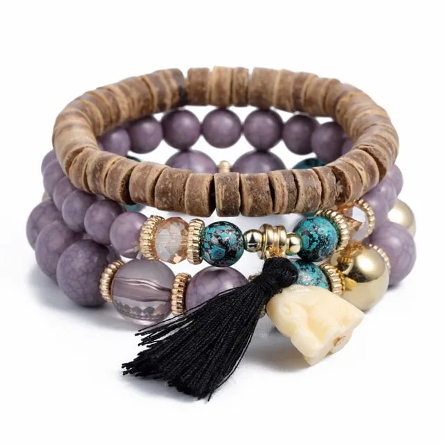 Vintage Crystal Bead Bracelets with Natural Stone Charms