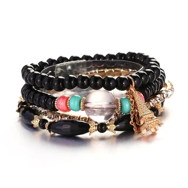 Vintage Crystal Bead Bracelets with Natural Stone Charms
