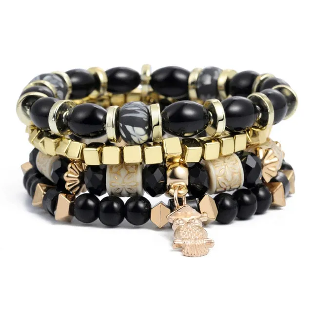 Vintage Crystal Bead Bracelets with Natural Stone Charms