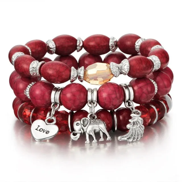 Vintage Crystal Bead Bracelets with Natural Stone Charms