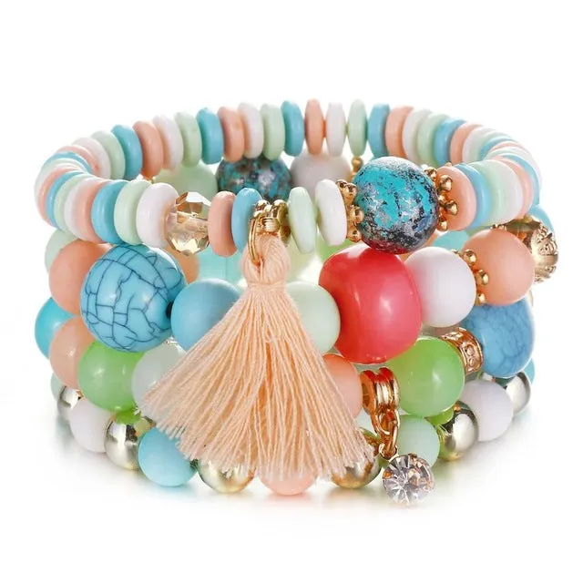 Vintage Crystal Bead Bracelets with Natural Stone Charms