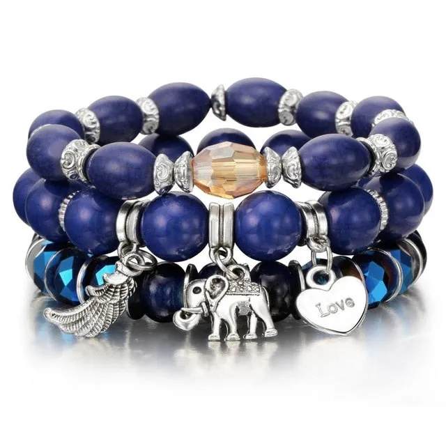 Vintage Crystal Bead Bracelets with Natural Stone Charms