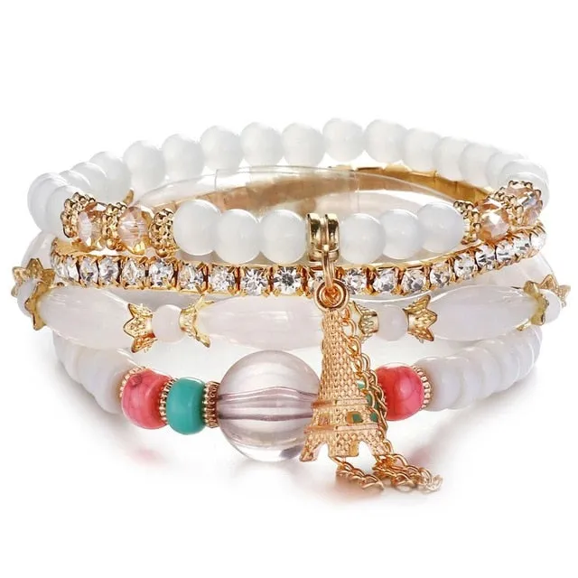Vintage Crystal Bead Bracelets with Natural Stone Charms