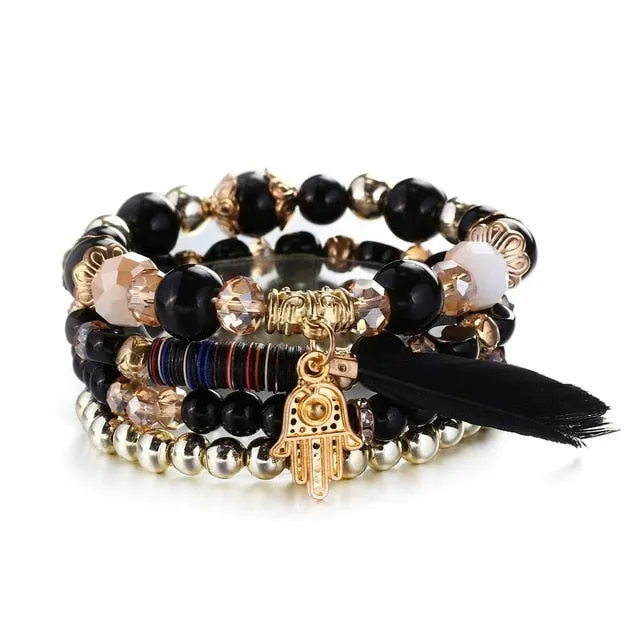 Vintage Crystal Bead Bracelets with Natural Stone Charms