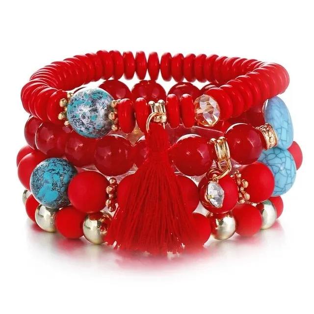 Vintage Crystal Bead Bracelets with Natural Stone Charms