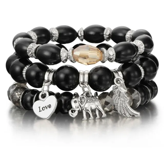 Vintage Crystal Bead Bracelets with Natural Stone Charms