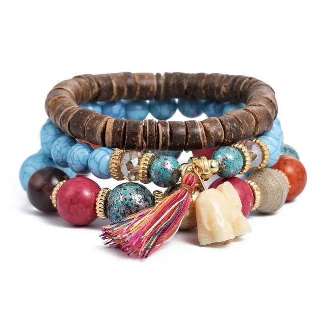 Vintage Crystal Bead Bracelets with Natural Stone Charms