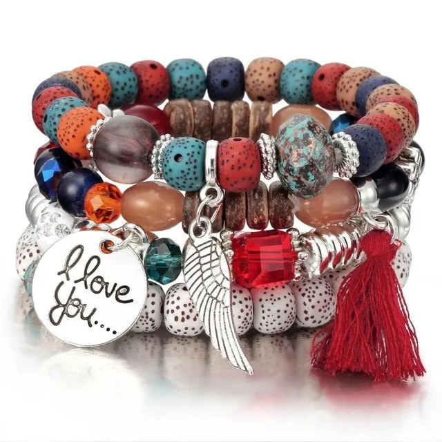 Vintage Crystal Bead Bracelets with Natural Stone Charms