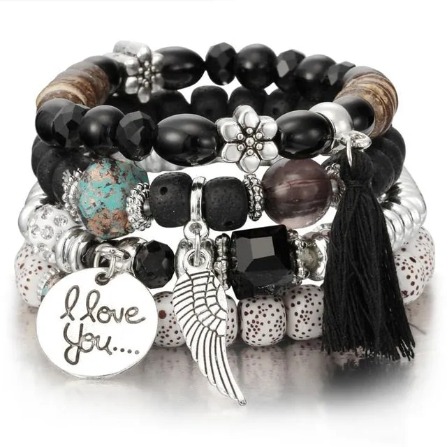 Vintage Crystal Bead Bracelets with Natural Stone Charms