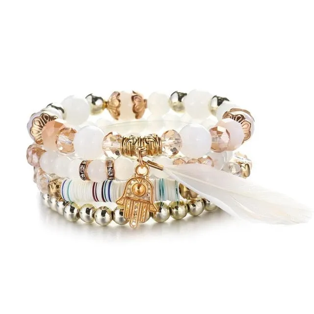 Vintage Crystal Bead Bracelets with Natural Stone Charms