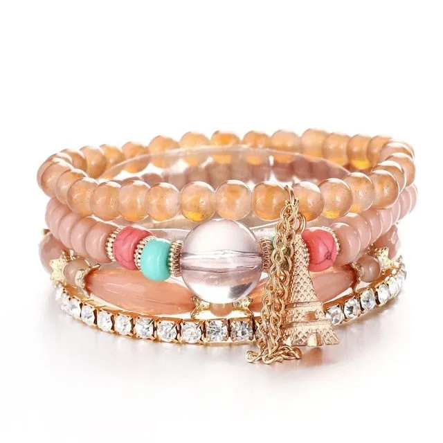 Vintage Crystal Bead Bracelets with Natural Stone Charms