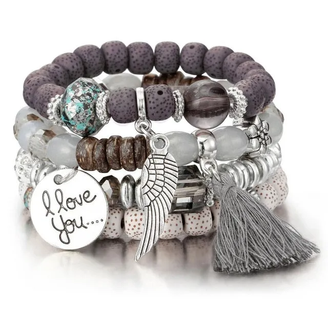 Vintage Crystal Bead Bracelets with Natural Stone Charms