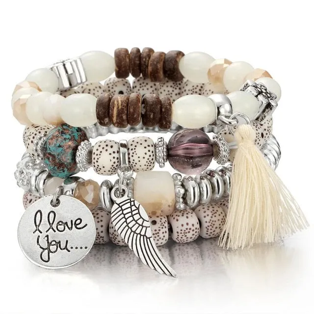 Vintage Crystal Bead Bracelets with Natural Stone Charms