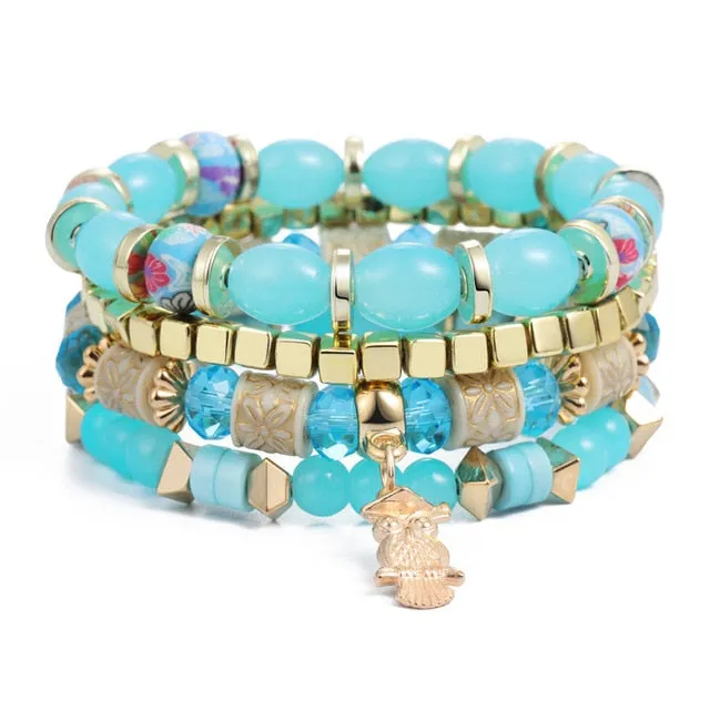 Vintage Crystal Bead Bracelets with Natural Stone Charms