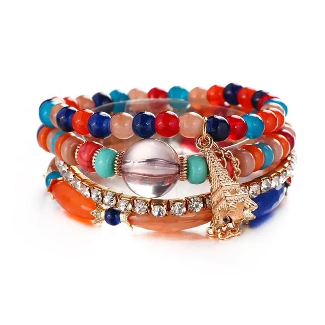 Vintage Crystal Bead Bracelets with Natural Stone Charms