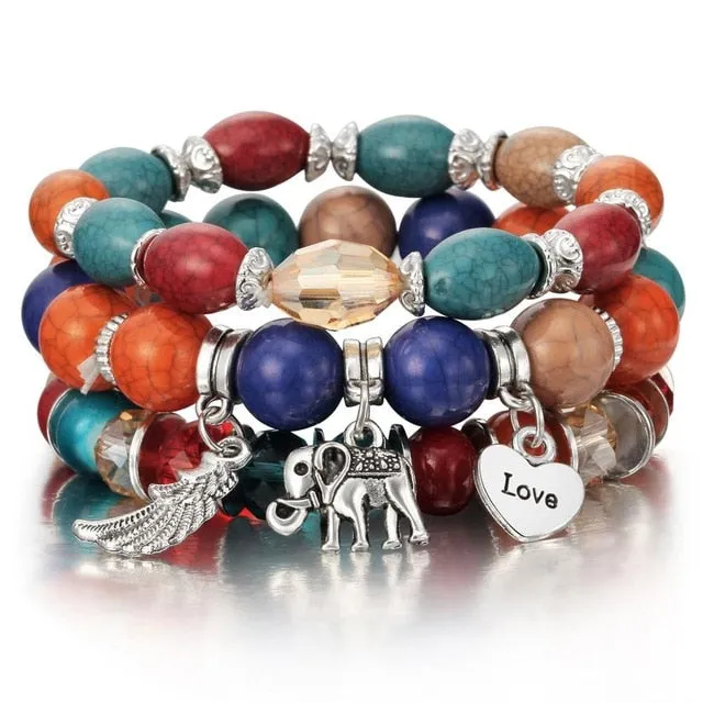 Vintage Crystal Bead Bracelets with Natural Stone Charms