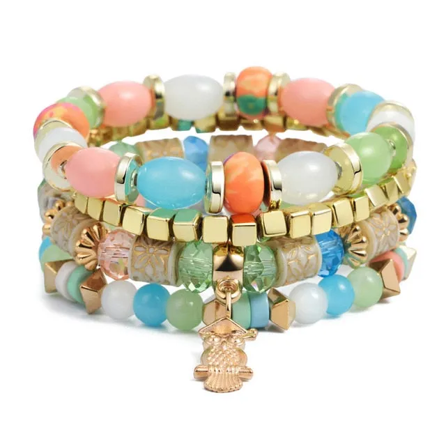 Vintage Crystal Bead Bracelets with Natural Stone Charms