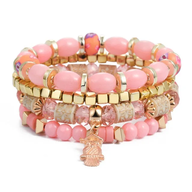 Vintage Crystal Bead Bracelets with Natural Stone Charms