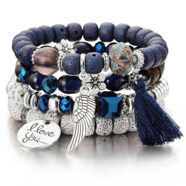 Vintage Crystal Bead Bracelets with Natural Stone Charms