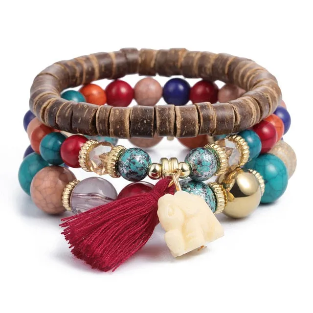 Vintage Crystal Bead Bracelets with Natural Stone Charms