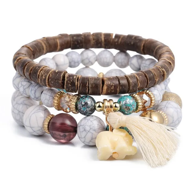 Vintage Crystal Bead Bracelets with Natural Stone Charms