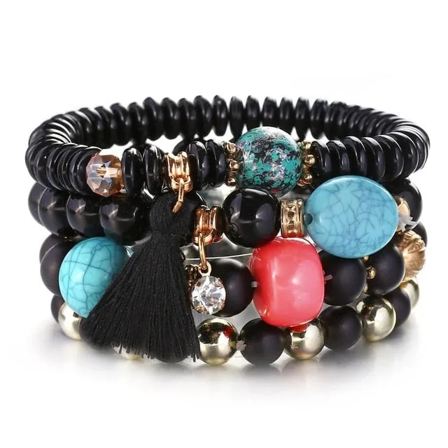 Vintage Crystal Bead Bracelets with Natural Stone Charms