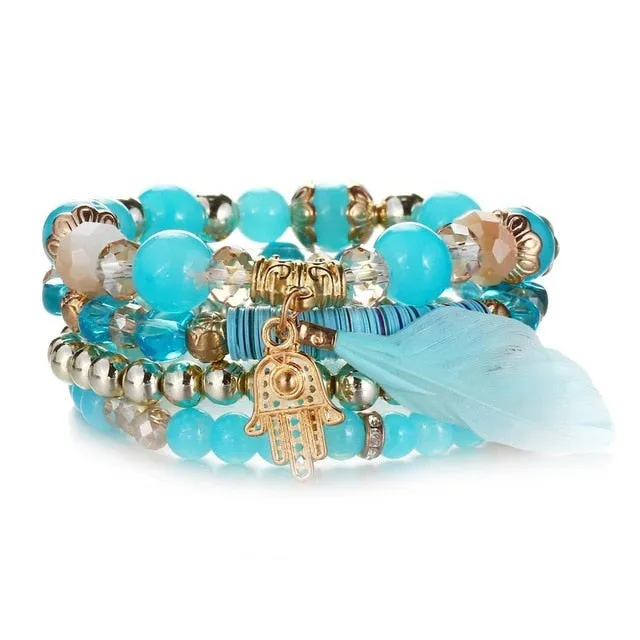 Vintage Crystal Bead Bracelets with Natural Stone Charms