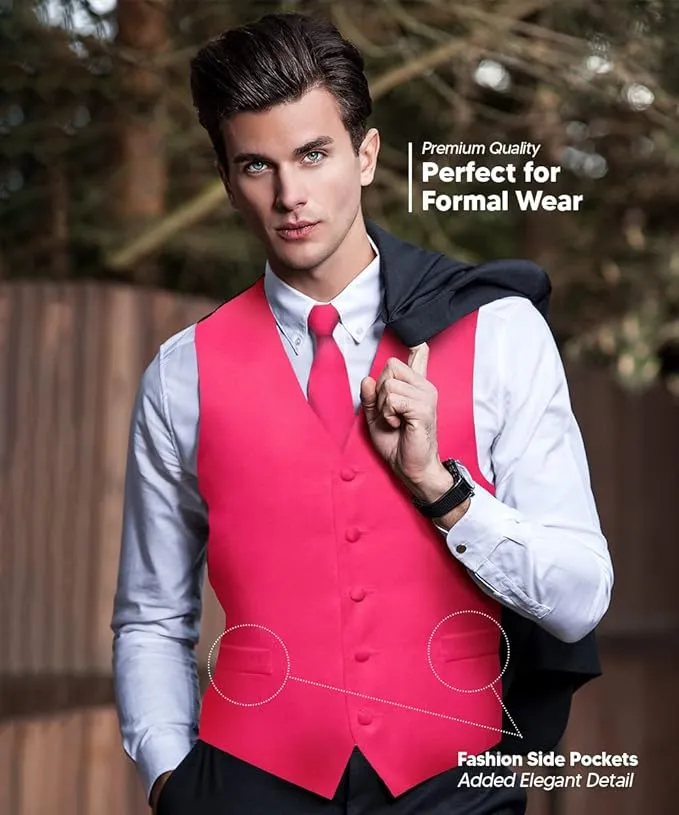 Vittorio Farina Men's Satin Vest, Necktie, Bow Tie and Pocket Square Set (White Back)