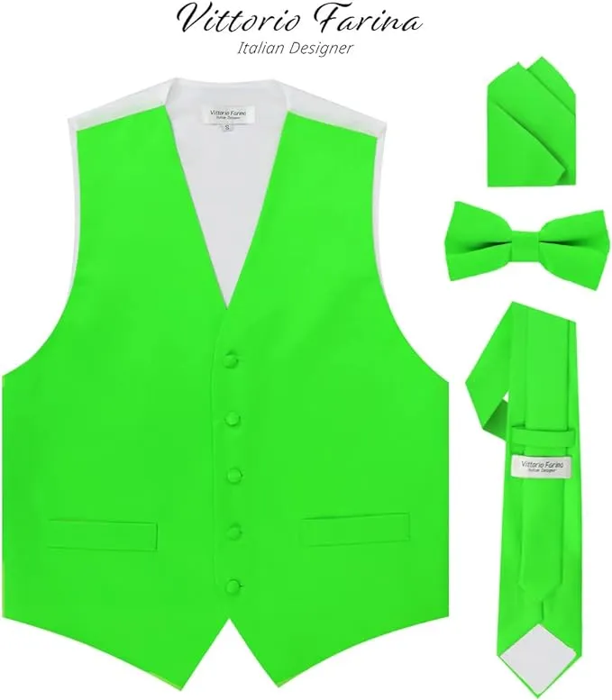 Vittorio Farina Men's Satin Vest, Necktie, Bow Tie and Pocket Square Set (White Back)