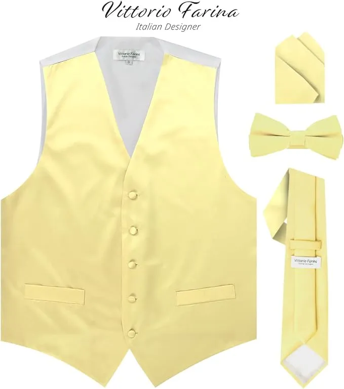 Vittorio Farina Men's Satin Vest, Necktie, Bow Tie and Pocket Square Set (White Back)