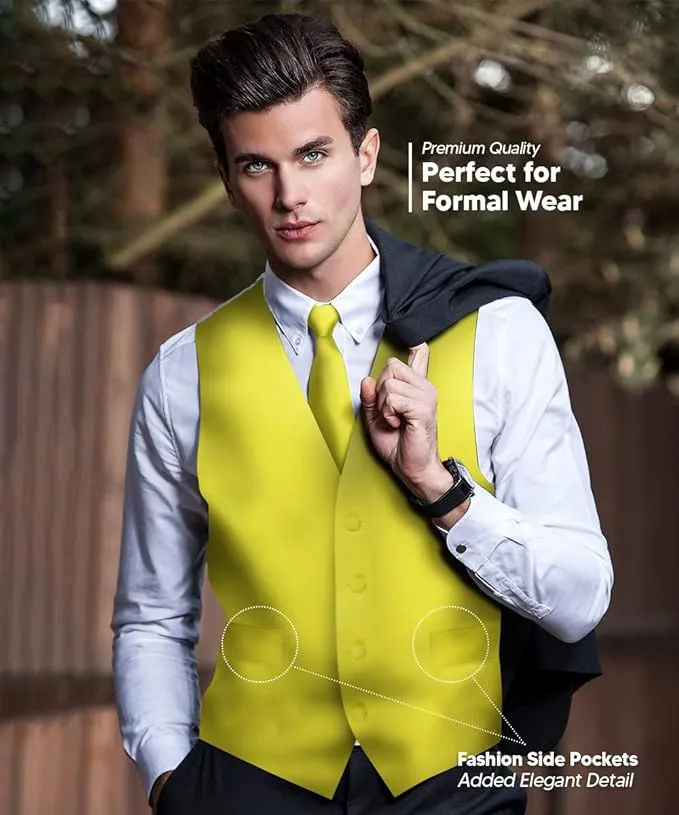 Vittorio Farina Men's Satin Vest, Necktie, Bow Tie and Pocket Square Set (White Back)