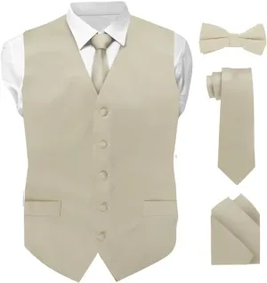 Vittorio Farina Men's Satin Vest, Necktie, Bow Tie and Pocket Square Set (White Back)