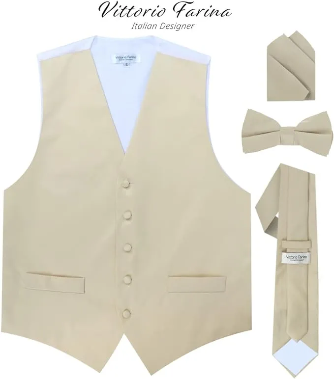 Vittorio Farina Men's Satin Vest, Necktie, Bow Tie and Pocket Square Set (White Back)