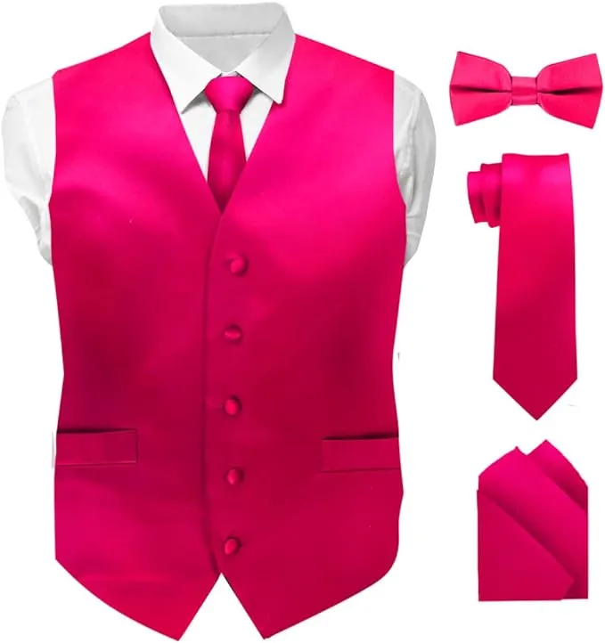 Vittorio Farina Men's Satin Vest, Necktie, Bow Tie and Pocket Square Set (White Back)