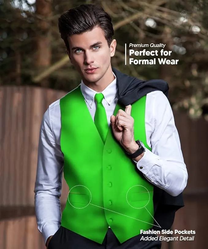 Vittorio Farina Men's Satin Vest, Necktie, Bow Tie and Pocket Square Set (White Back)