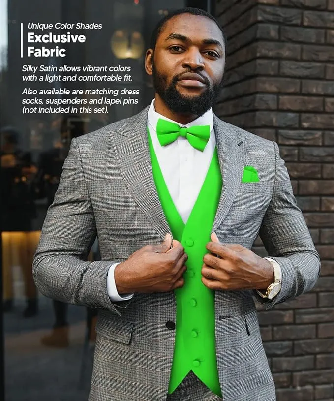 Vittorio Farina Men's Satin Vest, Necktie, Bow Tie and Pocket Square Set (White Back)