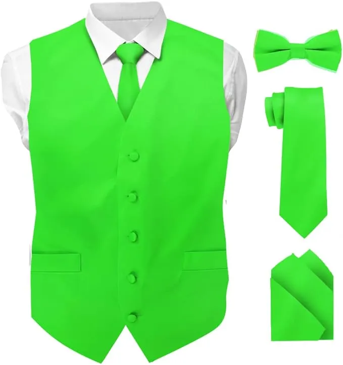 Vittorio Farina Men's Satin Vest, Necktie, Bow Tie and Pocket Square Set (White Back)