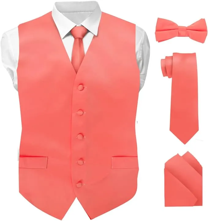 Vittorio Farina Men's Satin Vest, Necktie, Bow Tie and Pocket Square Set (White Back)
