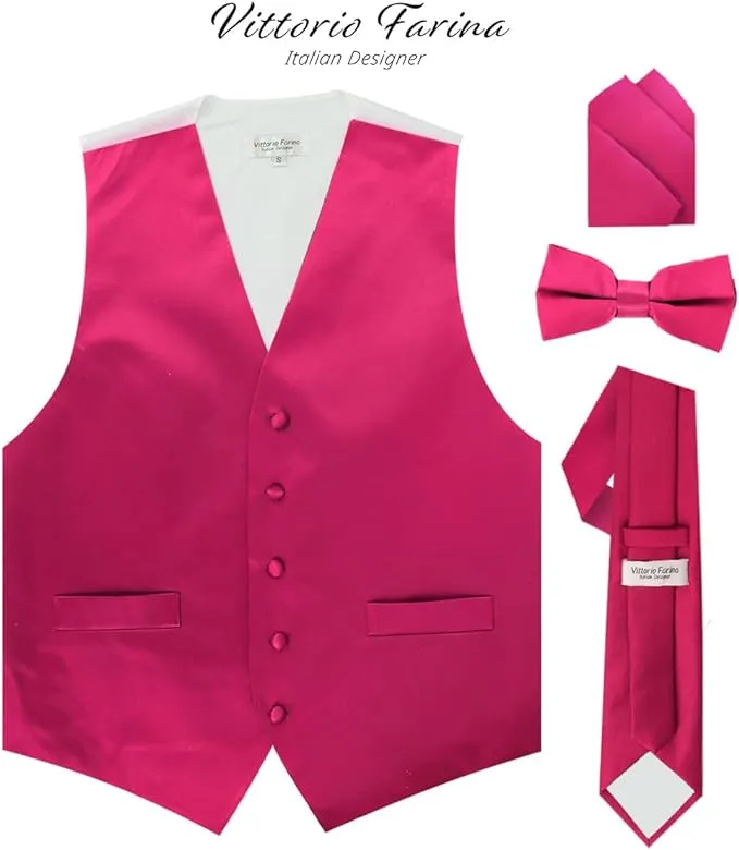 Vittorio Farina Men's Satin Vest, Necktie, Bow Tie and Pocket Square Set (White Back)