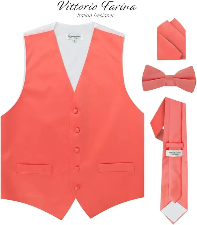 Vittorio Farina Men's Satin Vest, Necktie, Bow Tie and Pocket Square Set (White Back)
