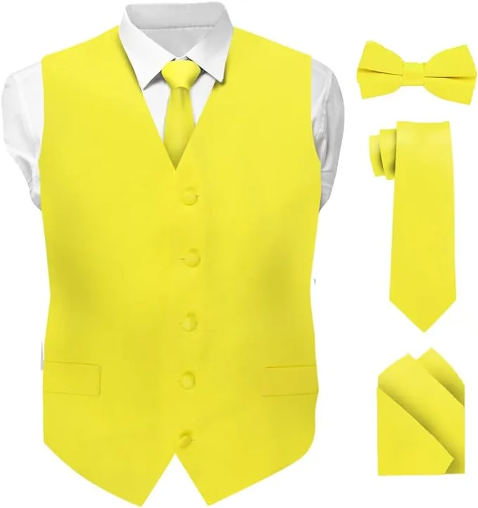 Vittorio Farina Men's Satin Vest, Necktie, Bow Tie and Pocket Square Set (White Back)