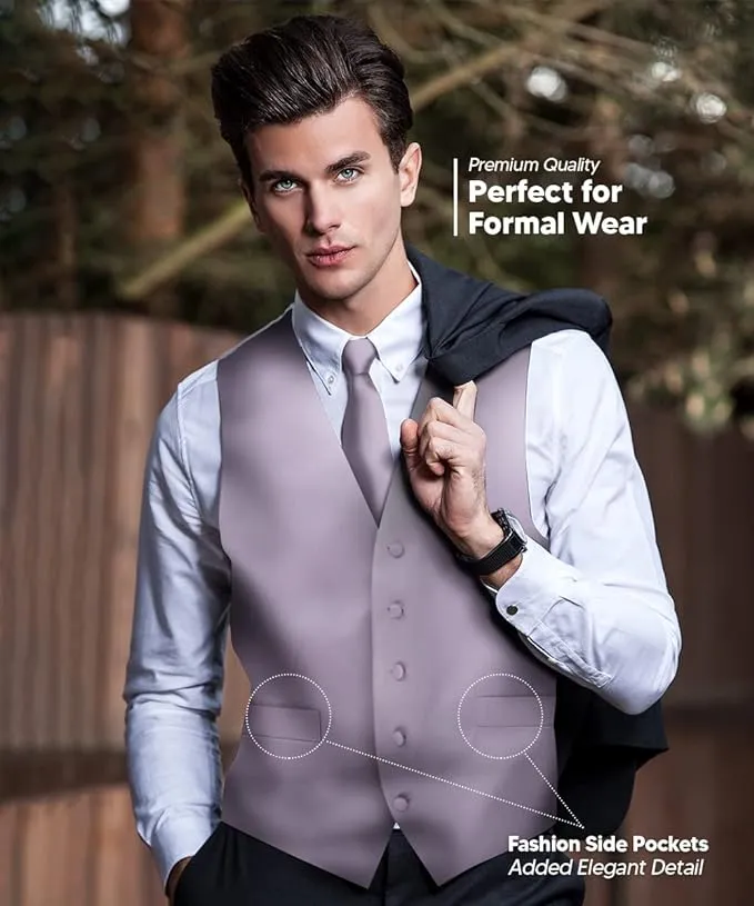Vittorio Farina Men's Satin Vest, Necktie, Bow Tie and Pocket Square Set (White Back)