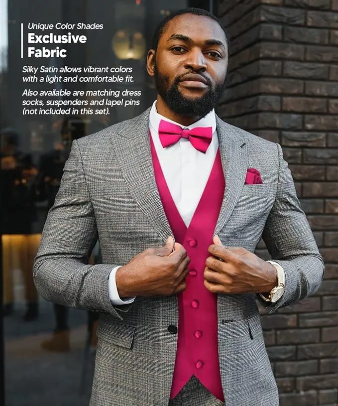 Vittorio Farina Men's Satin Vest, Necktie, Bow Tie and Pocket Square Set (White Back)